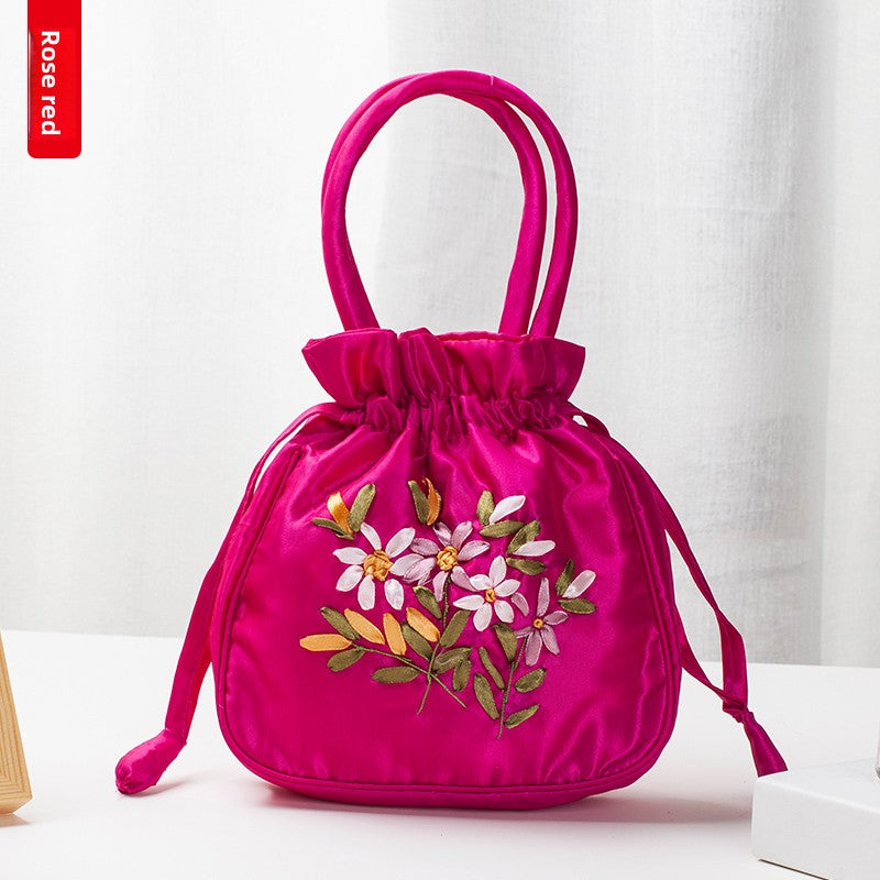 Hand-Embroidered Floral Drawstring Clutch Bag