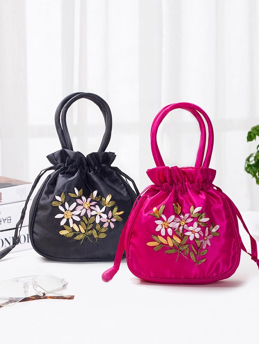 Hand-Embroidered Floral Drawstring Clutch Bag
