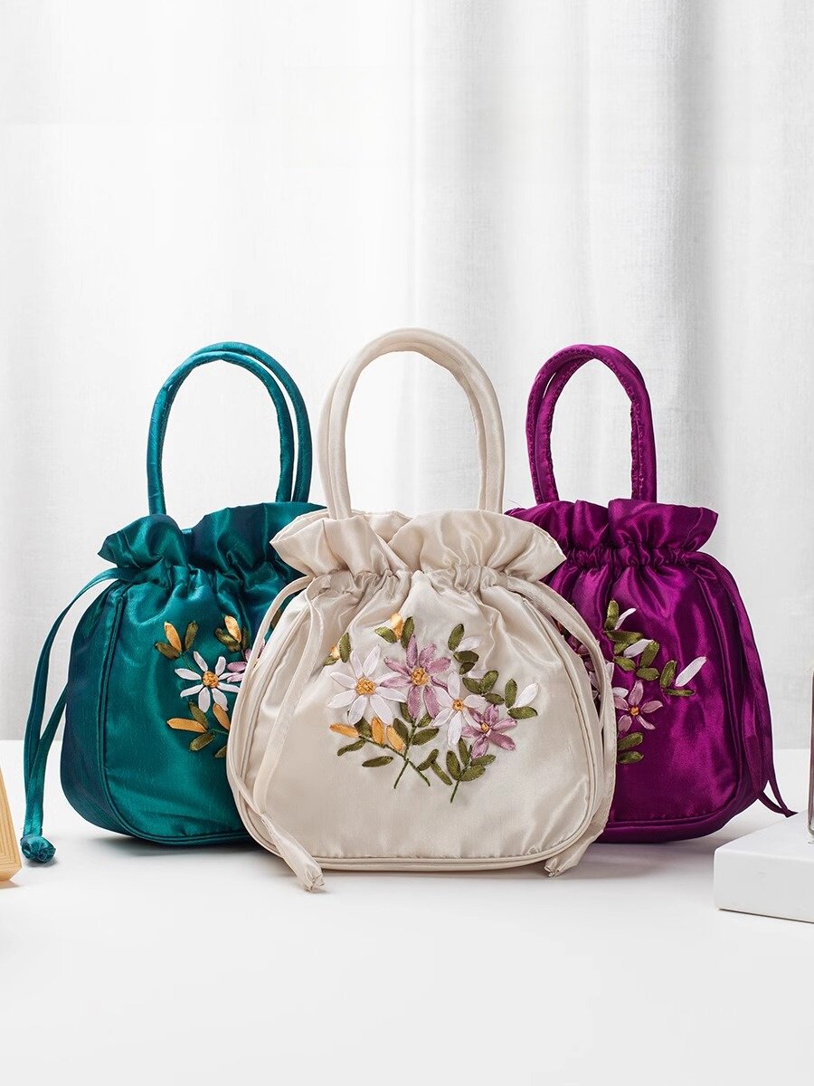 Hand-Embroidered Floral Drawstring Clutch Bag